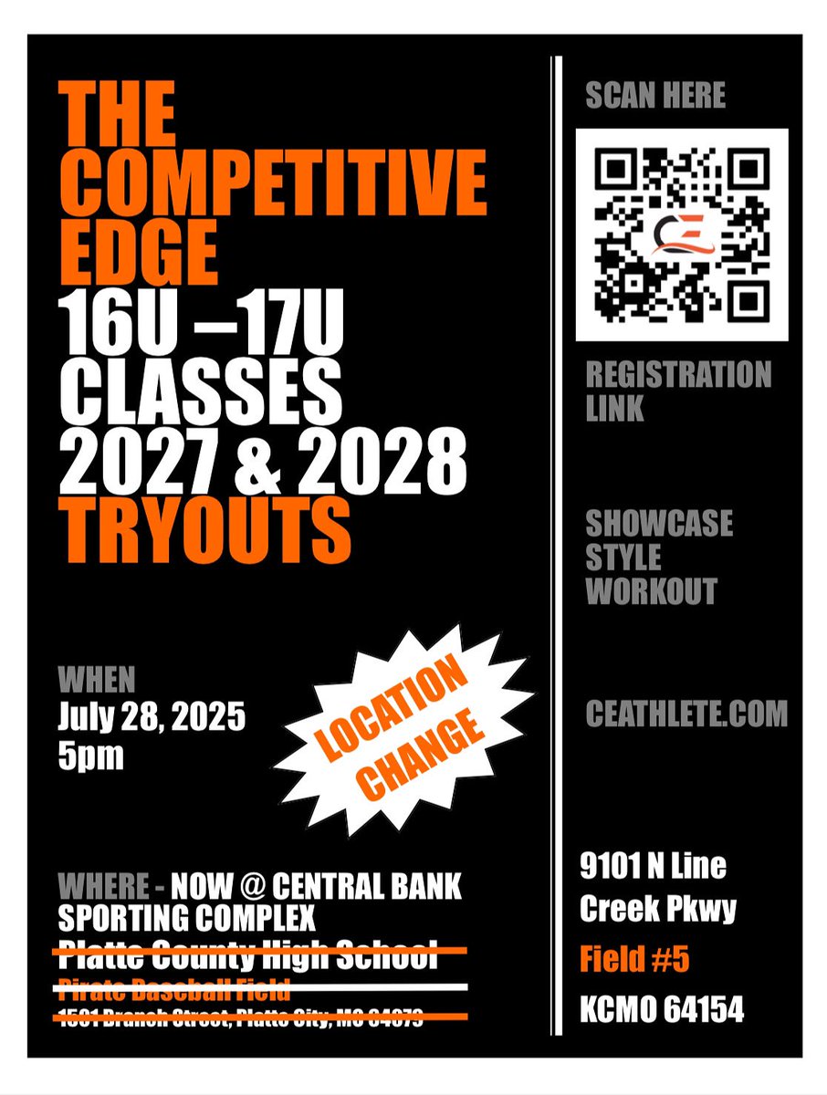 Due to ongoing construction at Platte County High School, we will be moving our High School Tryouts over to:

Central Bank Sporting Complex
9101 N Line Creek Pkwy
KCMO 64154
FIELD #5