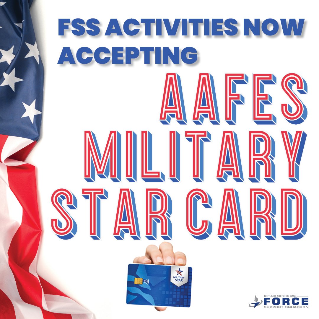 🎉 Great news, #TeamKirtland!
FSS activities are now accepting the AAFES Military Star Card!
More ways to enjoy and save while you play, create, and connect!

Tijeras Arroyo Golf Course will be joining soon, please stay tuned!

#377FSS #KirtlandForceSupport #MilitaryStarCard