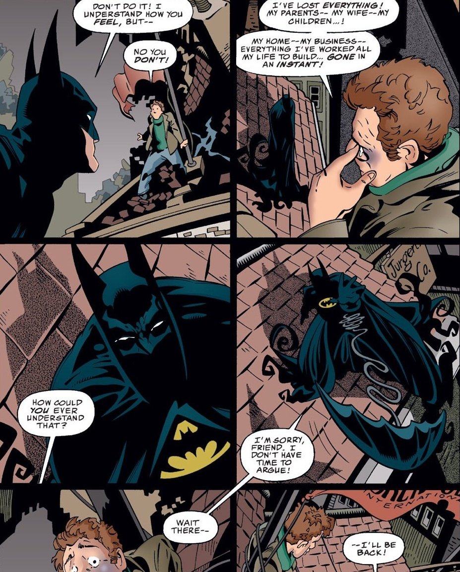 ComicGirlAshley's tweet image. tw/suicide mentions
During No Man's Land, Batman came across a guy about to jump but when talking him down, Batman had to deal with a villain. The guy called out during the fight which saved Batman and when he came back the guy didn't want to jump anymore.