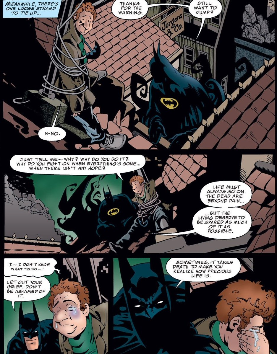 ComicGirlAshley's tweet image. tw/suicide mentions
During No Man's Land, Batman came across a guy about to jump but when talking him down, Batman had to deal with a villain. The guy called out during the fight which saved Batman and when he came back the guy didn't want to jump anymore.