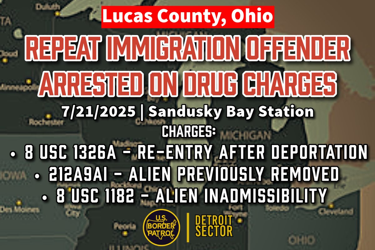 USBPChiefDTM's tweet image. On Monday, Sandusky Bay #BorderPatrol agents arrested three illegal aliens in three separate incidents, including a Mexican national who now faces federal felony re-entry charges.

These arrests were made possible through the continued partnerships between #DetroitSector agents…