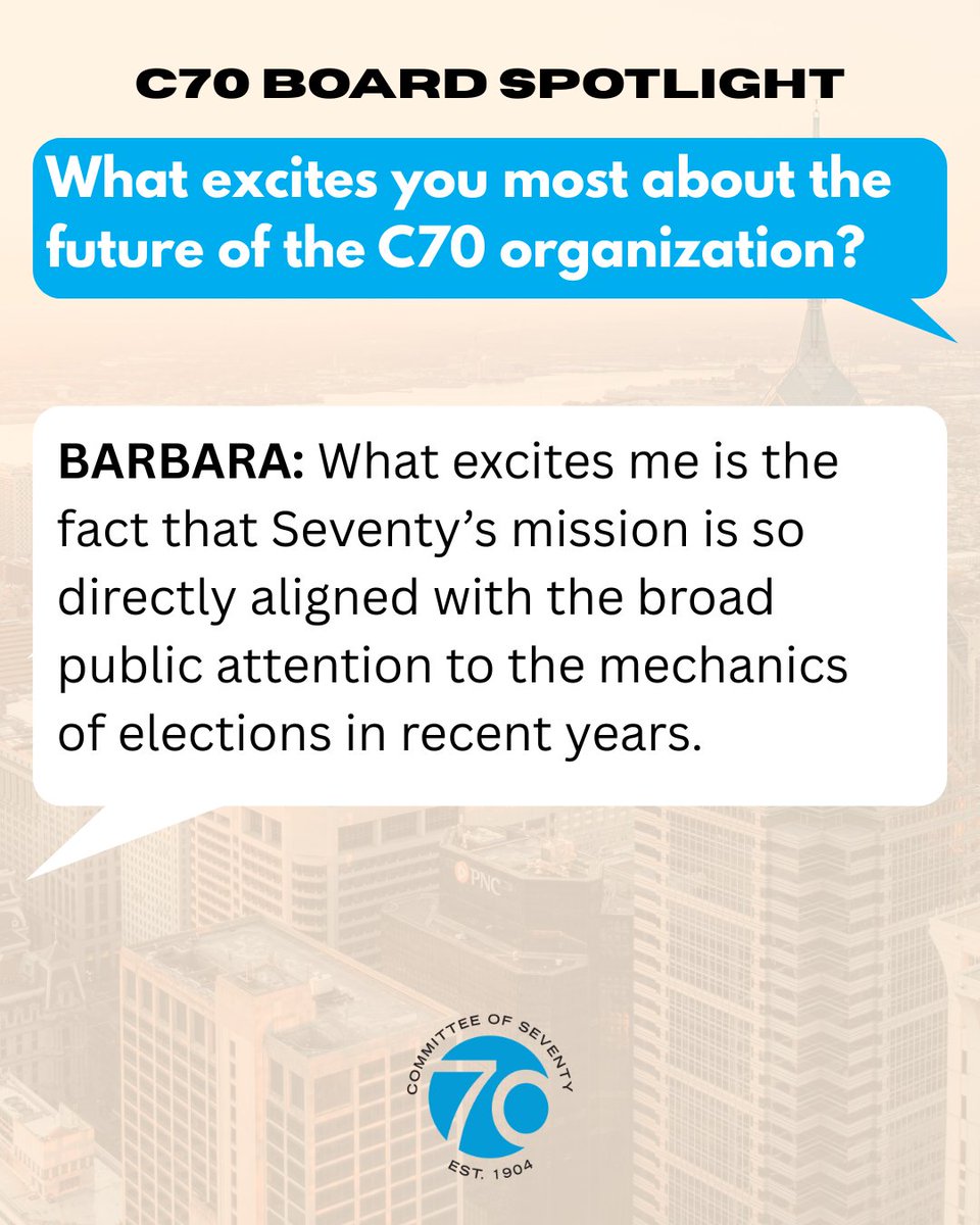 Committeeof70's tweet image. Up next in our Board Spotlight: Barbara Adams, Vice Chair. From corporate law to public service, her career gives her unmatched insight into how government works—and why it matters. Learn what drives her fight for fair elections and what’s ahead ➡️