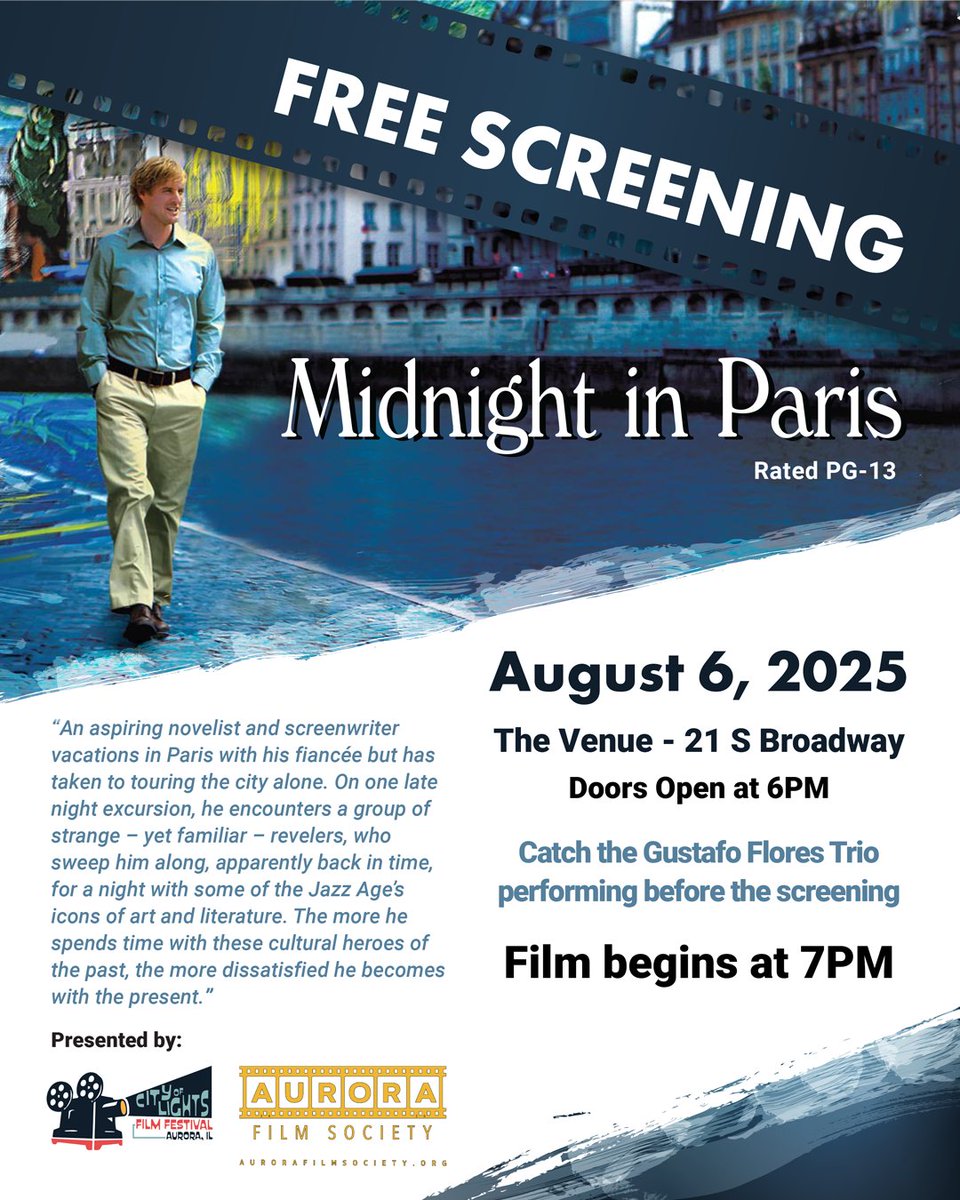 CityofAuroraIL's tweet image. 🍿 The Aurora Film Society and the City of Lights Film Festival are hosting a FREE film screening in downtown Aurora!
🗓️ If you're an artist, a filmmaker, or a community member who loves connection...we might just have your plans set for August 6.
📍 See you at The Venue,…