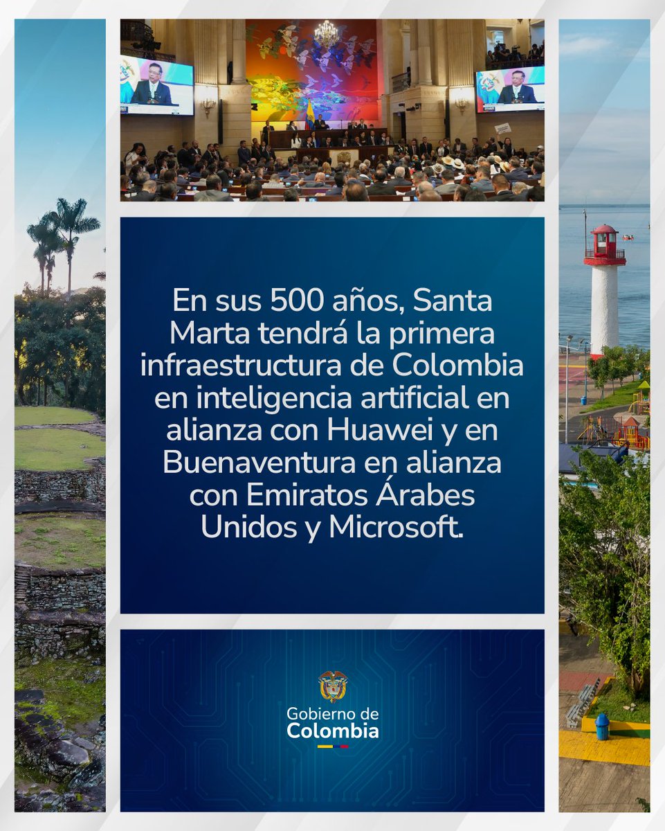 infopresidencia's tweet image. Santa Marta tendrá la primera infraestructura de Inteligencia Artificial del país, en alianza con Huawei. Además, Buenaventura contará con tecnología de punta gracias a acuerdos con Emiratos Árabes Unidos y Microsoft.
El Gobierno del Presidente @PetroGustavo impulsa la…