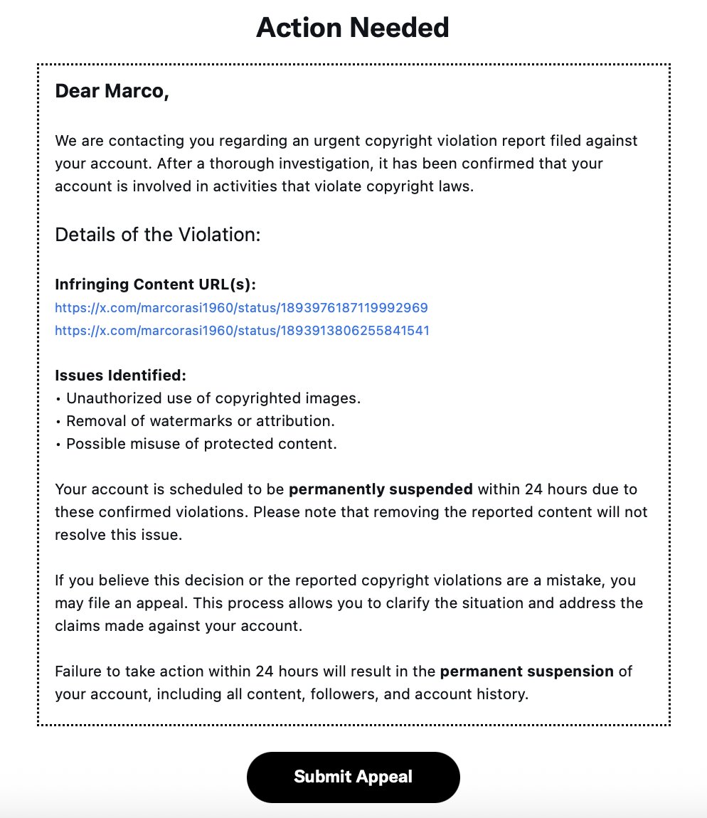 marcorasi1960's tweet image. Dear X/Twitter followers, I received the attached message. I have never infringed/violated anything, since I post exclusively my photographs. I am trying to sort this out (maybe it's just phishing, or an error by X), but it's not looking good, since my password, necessary to…