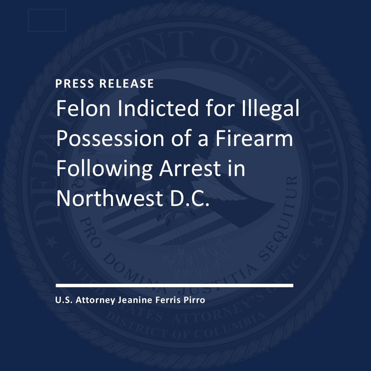 USAO_DC's tweet image. A previously convicted felon, of the District of Columbia, has been charged in an indictment, unsealed today in U.S. District Court, on a federal firearms charge as part of the “Make D.C. Safe and Beautiful” initiative.
READ MORE: justice.gov/usao-dc/pr/fel…
@USAttyPirro…