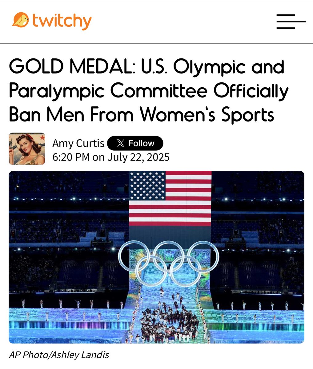 TwitchyTeam's tweet image. GOLD MEDAL: U.S. Olympic and Paralympic Committee Officially Ban Men From Women's Sports
twitchy.com/amy-curtis/202…