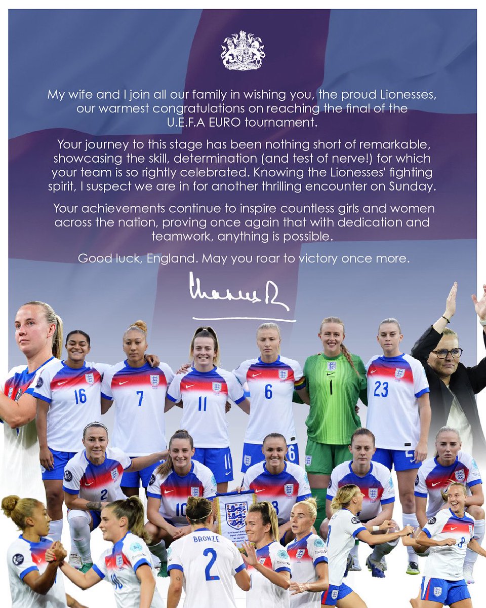 RoyalFamily's tweet image. A message from The King to Sarina Wiegman, the mighty @Lionesses and all in their support team, following their success in this evening’s Women’s Euros semi-final.
#WEURO2025