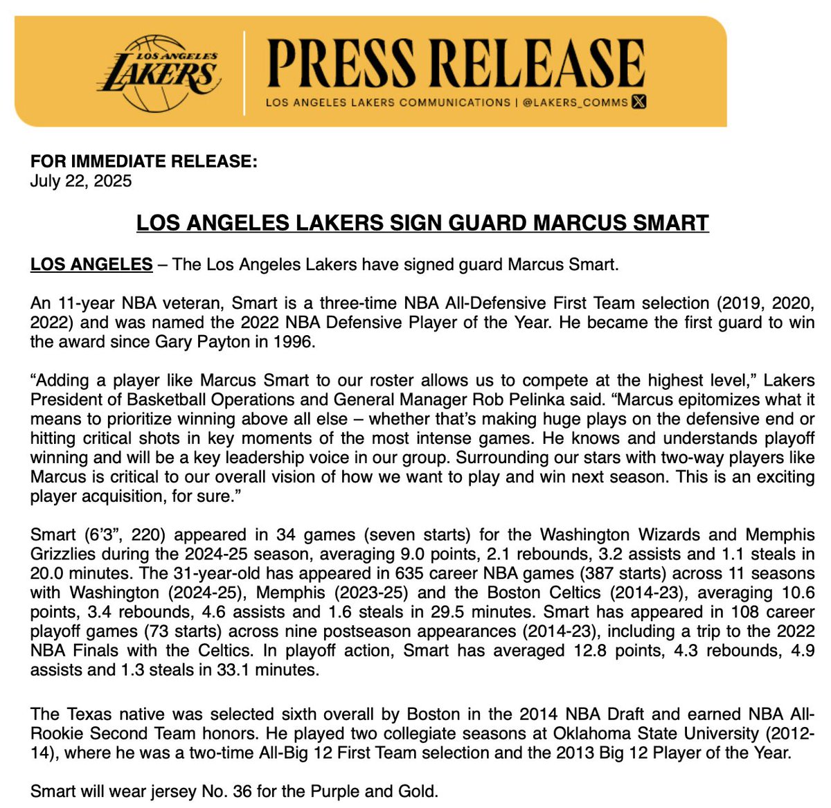 TomerAzarly's tweet image. The Los Angeles Lakers officially signed Marcus Smart today.
Lakers President of Basketball Operations and General Manager Rob Pelinka:
“Adding a player like Marcus Smart to our roster allows us to compete at the highest level. Marcus epitomizes what it means to prioritize…
