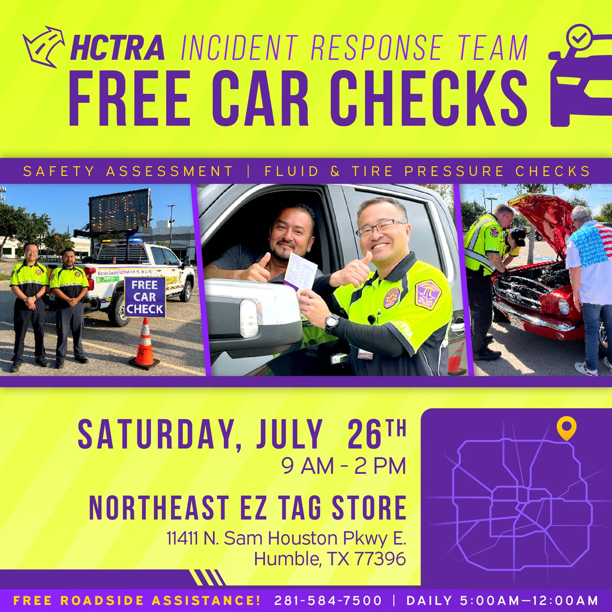 HCTRA's tweet image. Planning a trip or just showing your ride some love? Stop by for a FREE Car Check from HCTRA’s Incident Response Team, Saturday, July 26, 9 AM–2 PM at the Northeast EZ TAG Store (11411 N Sam Houston Pkwy E). Oil, fluids & tire pressure—topped off FREE! Call 281-584-7500 for help.