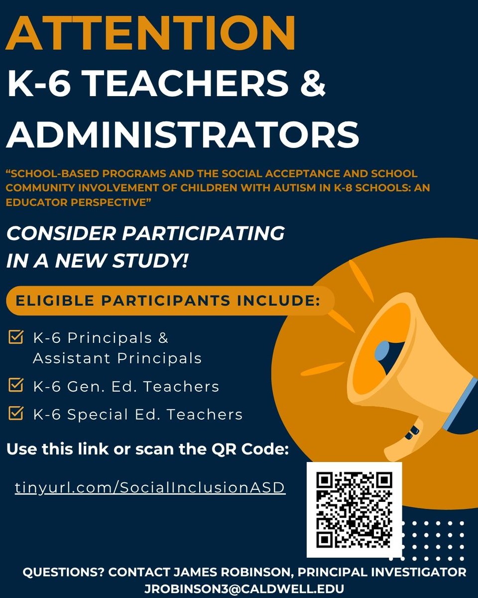 Hello all elementary teachers and administrators!  

I am working on my dissertation, &amp; my topic focuses on the social inclusion of students with autism in elementary schools. Please consider taking the survey below. Thank you!  

Tinyurl.com/SocialInclusio…