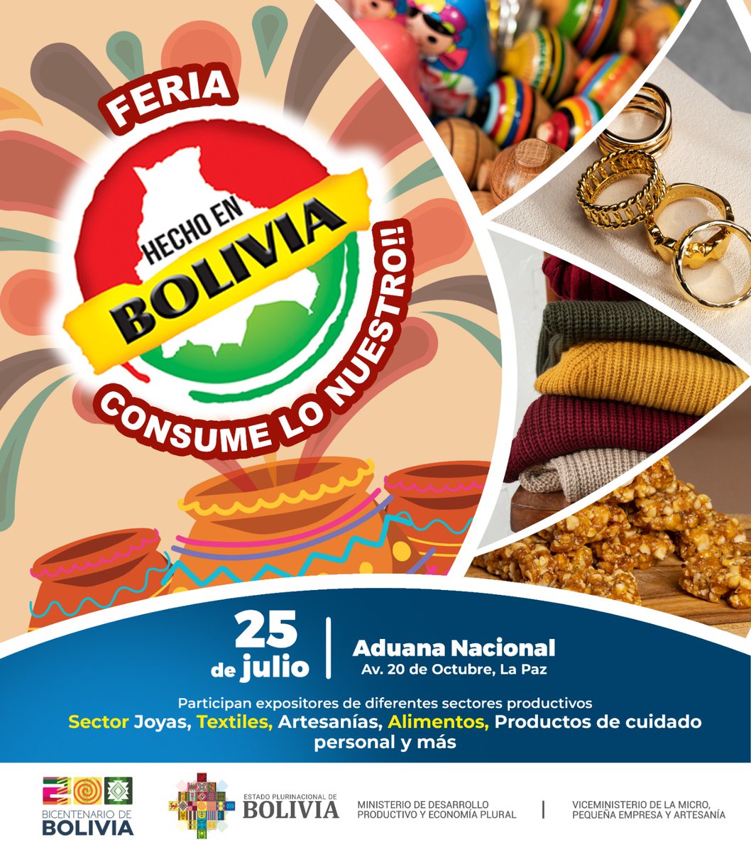 Descubre la riqueza de Bolivia en nuestras ferias comerciales. Compra productos 100% bolivianos, artesanías, textiles, alimentos naturales y café de altura a precios justos. 
 #emprendedoresbolivianos
#HECHOENBOLIVIA
#Mypes