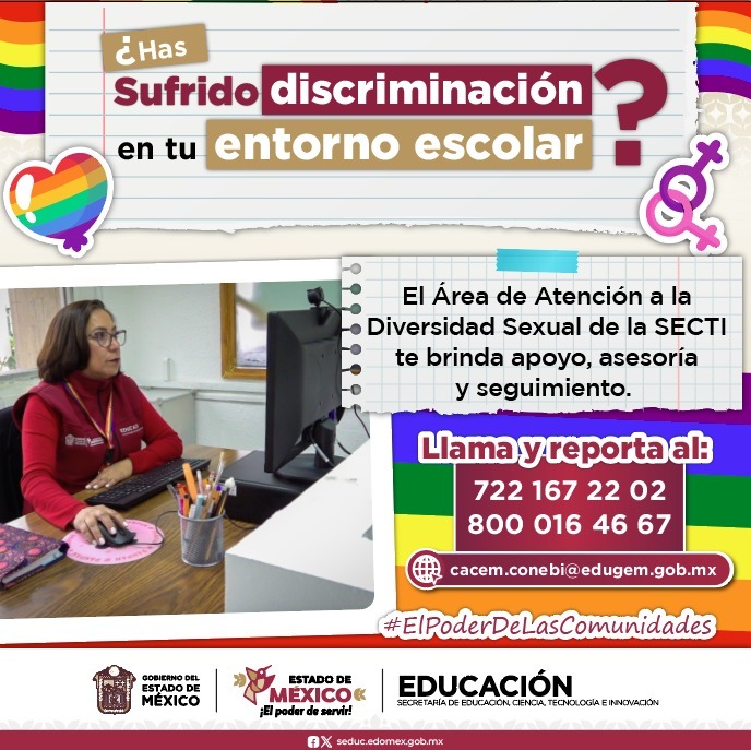 EdomexTenancing's tweet image. ¿Eres o has sido víctima de discriminación en tu escuela por ser una persona LGBTTTIQA+?
Llama y reporta al Área de Atención a la Diversidad Sexual de la #SECTI:
📞 722 167 22 02 y 800 016 46 67
✉️ cacem.conebi@edugem.gob.mx
#ElPoderDeLasComunidades