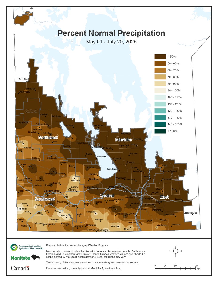 Still a lot of brown on the <a href="/MBGovAg/">Manitoba Agriculture</a> % normal precipitation map.