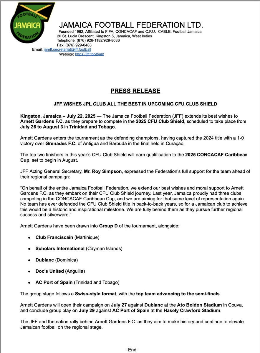 jff_football's tweet image. On behalf of the entire Jamaica Football Federation, we extend our best wishes and moral support to Arnett Gardens F.C. @officialagfc as they embark on their CFU Club Shield journey.
Last year, Jamaica proudly had three clubs competing in the CONCACAF Caribbean Cup, and we are…