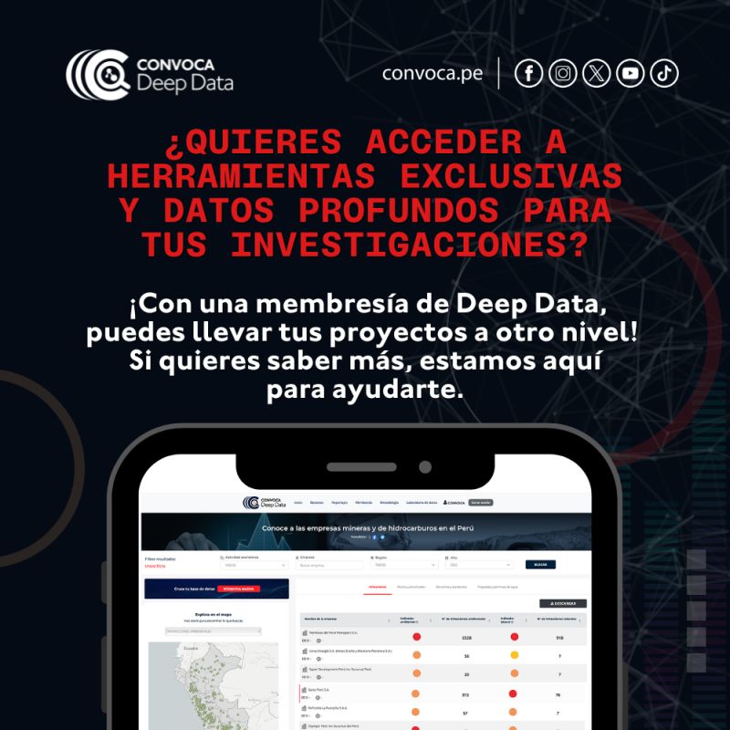 ConvocaPe's tweet image. 🕵️♂️ ¿Te dedicas al periodismo de investigación?¿Estás interesado en las industrias extractivas? Convoca Deep Data es la herramienta clave para tu labor.
🌐 Haz de Deep Data tu aliado en la búsqueda de la verdad, únete aquí: goo.su/0PyJzWo