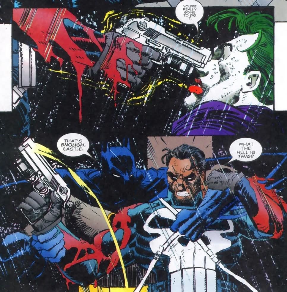 thedigitalcopy's tweet image. "THAT'S ENOUGH, CASTLE." When the lines blur, who upholds justice? Relive the intense moments from "Punisher/Batman: Deadly Knights" (1994) where worlds collide!
#Punisher #Batman #Joker #DeadlyKnights #ComicArt #ClassicComics #Crossover @DCComics @Marvel