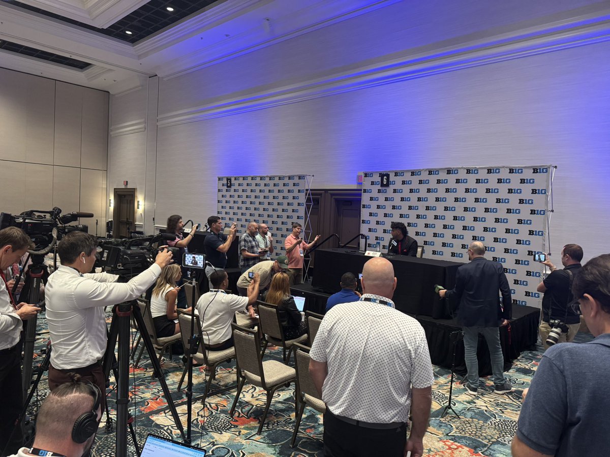mitchsherman's tweet image. Nebraska QB Dylan Raiola faces the Big Ten media in Las Vegas.