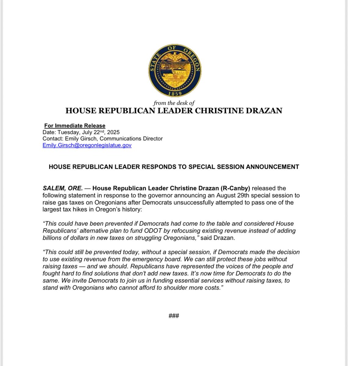 BoshartDavisAg's tweet image. The Governor wants to call a special session to get the Legislature to raise your taxes. The truth is nothing requires us to raise taxes on anyone. The government has the money to ensure ODOT can continue to perform their critical work and preserve the important operations and…