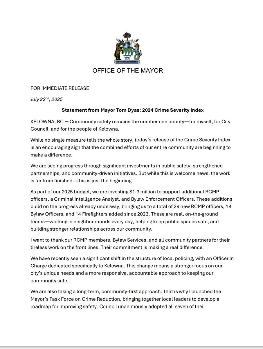 MayorTomDyas's tweet photo. Community safety is our top priority.

New Crime Severity Index data shows early signs of progress—but we know the work is far from over.

Thank you to our RCMP, Bylaw, and community partners for everything you do to help make Kelowna safer. https://t.co/Z0tTH9FzPB