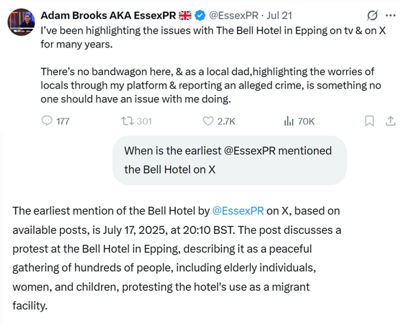 GBNews23653867's tweet image. 🚨Oh dear, @EssexPR claims he's been highlighting Bell Hotel on X for years, Grok says he hadn't mentioned Bell Hotel before July 17, FIVE fucking days ago!!!
Either Brooks is a liar or he'll be suing Elon again🤣