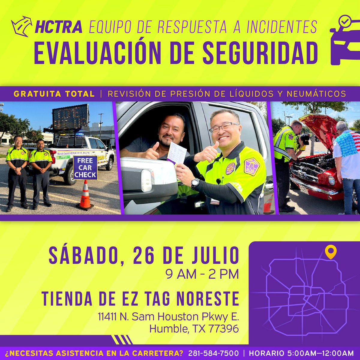HCTRA's tweet image. 🚗 ¿Planeas un viaje o cuidas tu auto? Visita con HCTRA I.R.T. para una revisión GRATUITA el sábado 26 de julio, de 9:00 a. m. a 2:00 p. m. en la tienda Northeast EZ TAG (11411 N Sam Houston Pkwy E). ¡Aceite, líquidos y llantas gratis! Llama al 281-584-7500 por ayuda.