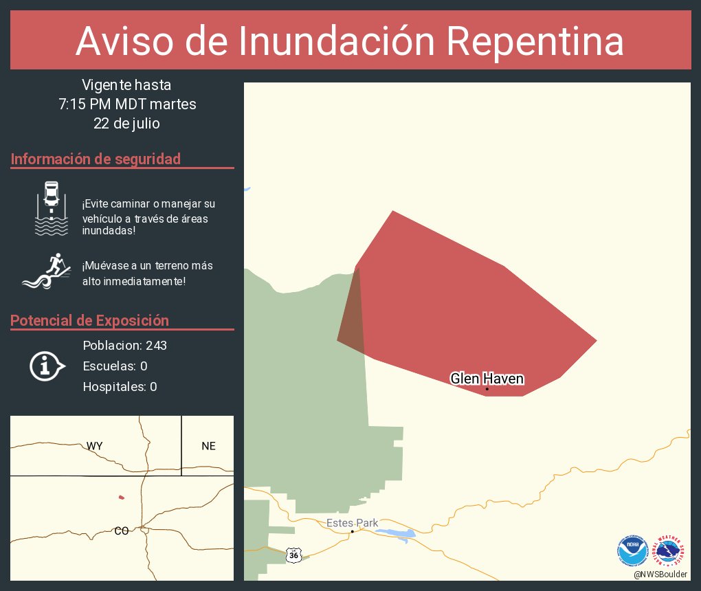 NWSBoulder's tweet image. Aviso de Inundación Repentina incluye Glen Haven CO hasta las 7:15 PM MDT