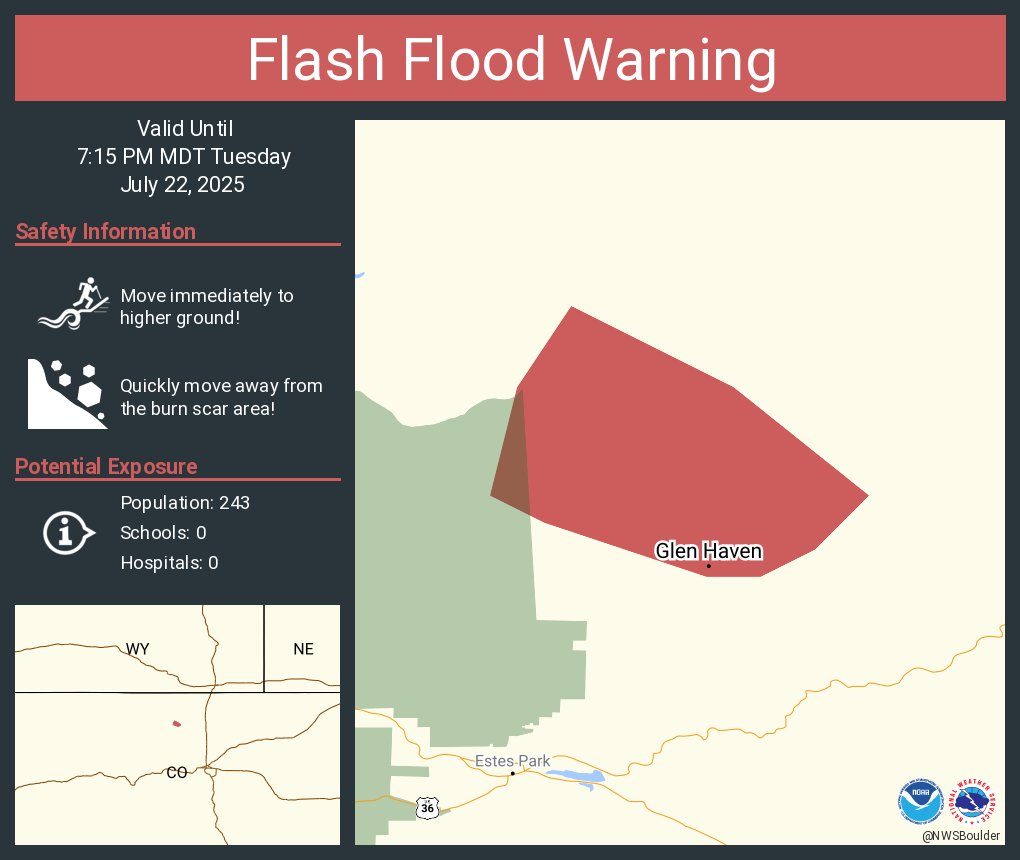 NWSBoulder's tweet image. Flash Flood Warning including Glen Haven CO until 7:15 PM MDT