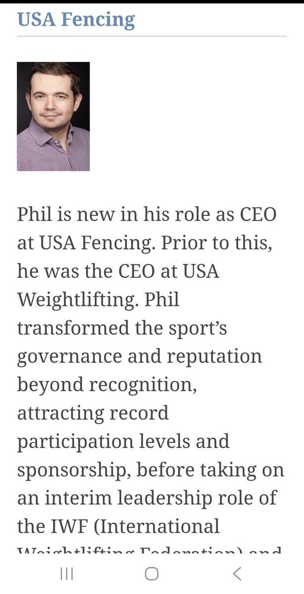 BorisSpider14's tweet image. How does gender ideology take hold? One vector, not the only one but an important one to be sure, is the global management caste. Phil Andrews, the CEO of @USAFencing is not a fencer. Before this gig, he ran USA Weightlifting. He's a sports marketer. He's a member of a premier…