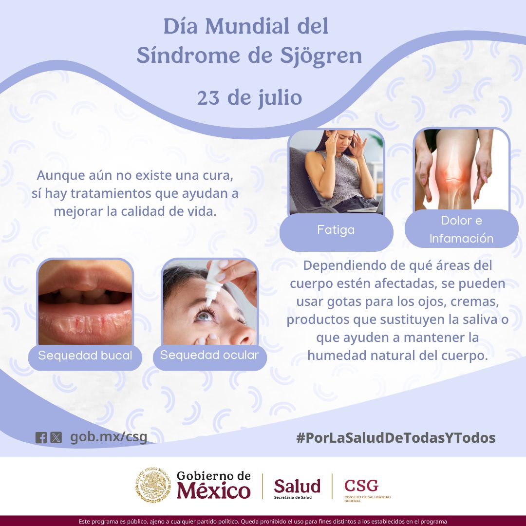 DeSalubridad's tweet image. 23 de julio | Día Mundial del Síndorme de Sjögren
Es una enfermedad autoinmune crónica que afecta principalmente las glándulas salivales 👄y lagrimales 👁️, causando sequedad en ojos y boca, entre otros síntomas fátiga y dolor en articulaciones.
#PorLASaludDeTodasYTodos