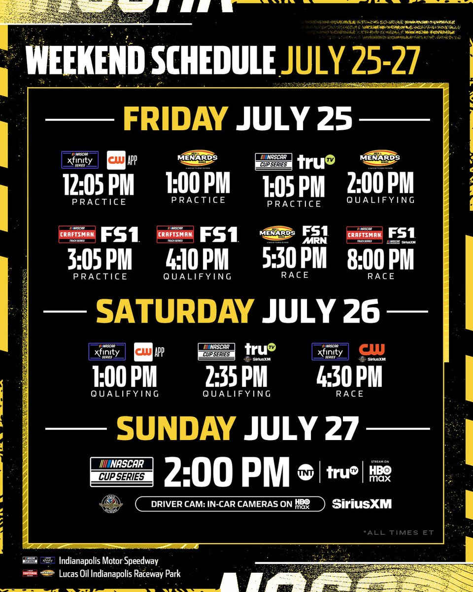 NASCAR's tweet image. One city.
Two race tracks.
Four series.
A full weekend is on tap from Indianapolis.
