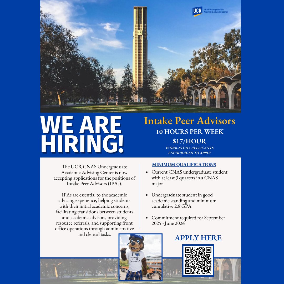 UCRCNAS's tweet image. The CNAS Undergraduate Academic Advising Center is hiring Intake Peer Advisors (IPAs) for the 2025-26 academic year! Apply & learn more: app.joinhandshake.com/emp/jobs/10065…
Deadline is July 31, 2025 at 4PM. Questions?andrea.martinezrodriguez@ucr.edu.
#UCRCNAS #studentjob #ucr #ucriverside