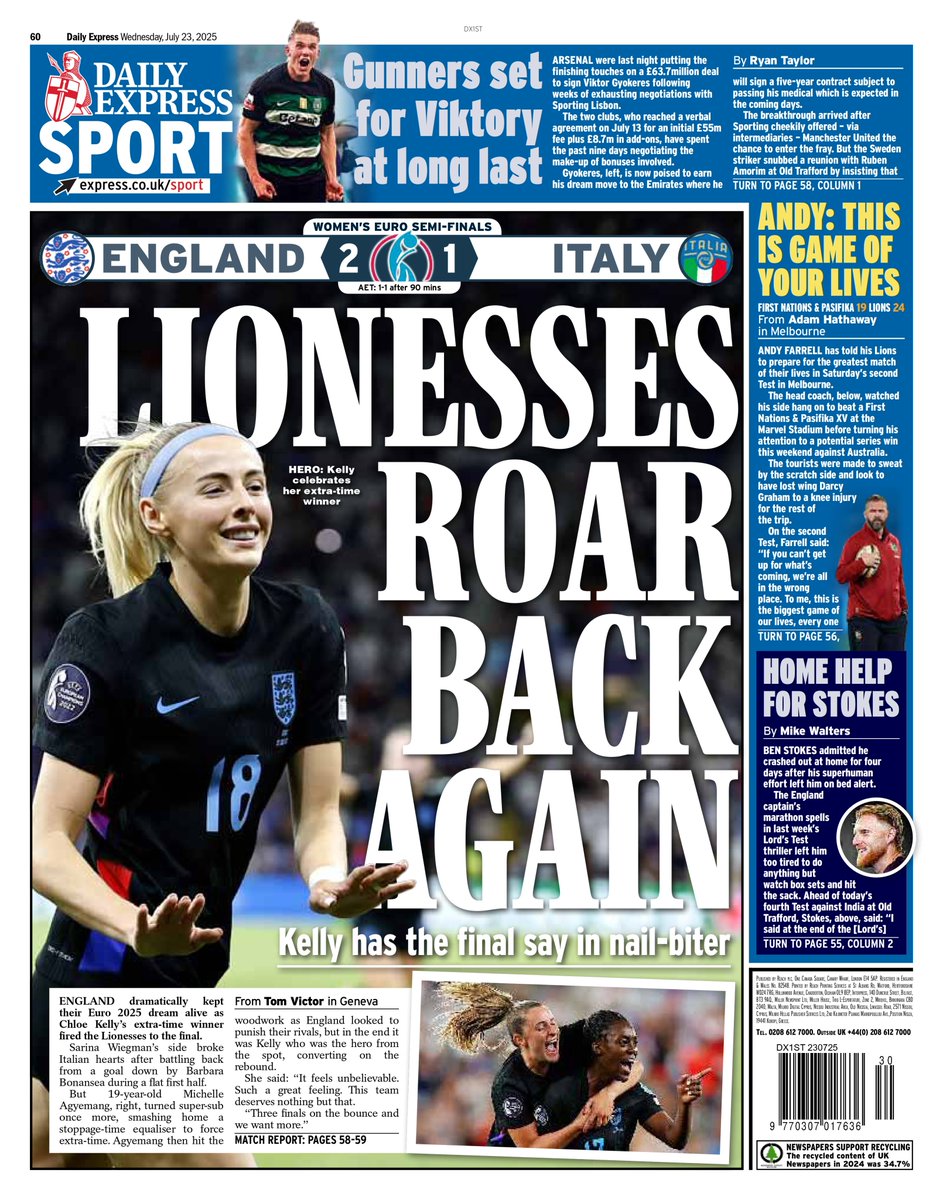 jacksurfleet's tweet image. Wednesday's DAILY EXPRESS SPORT: Lionesses roar back again
#TomorrowsPapersToday