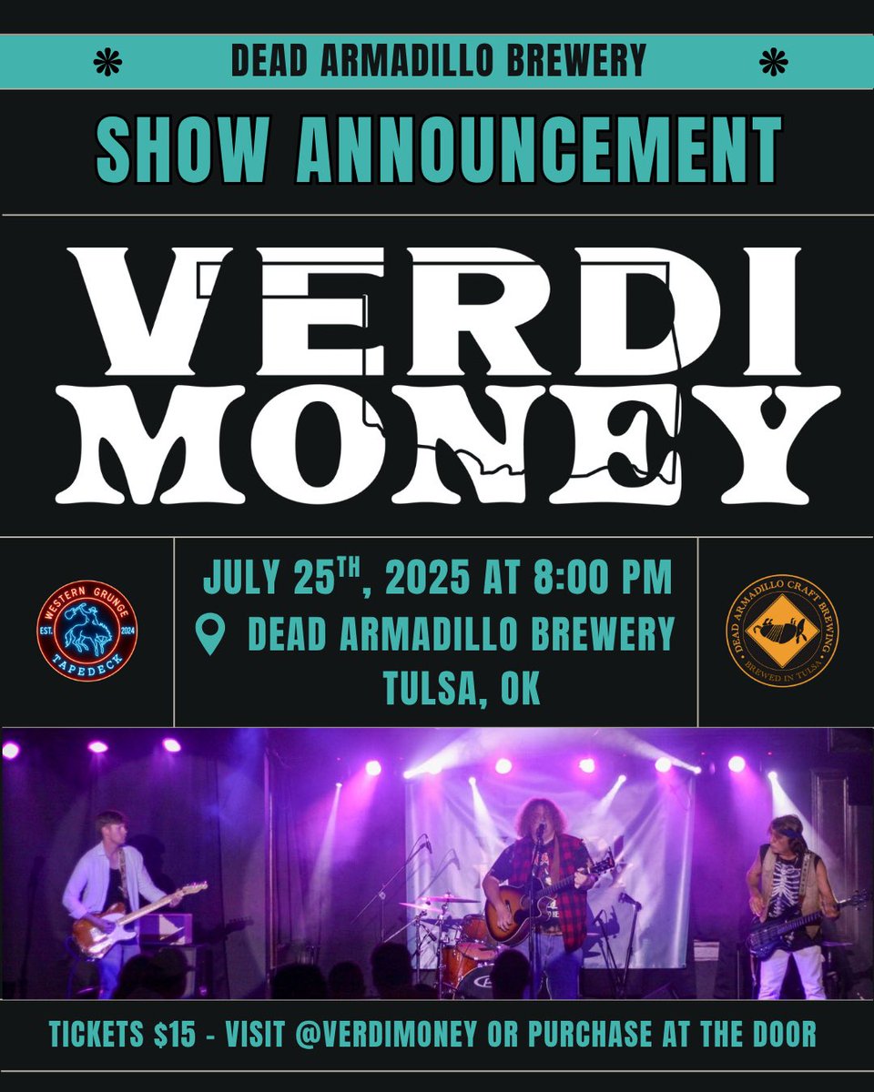 WesternGrungeTD's tweet image. Calling all Oklahomies and road dogs alike! 🗣️ Come get your dose of red dirt & rock ‘n’ roll this Friday at the @VerdiMoney show! 🔥
Ticket link: theboatmonkey.com/products/verdi…