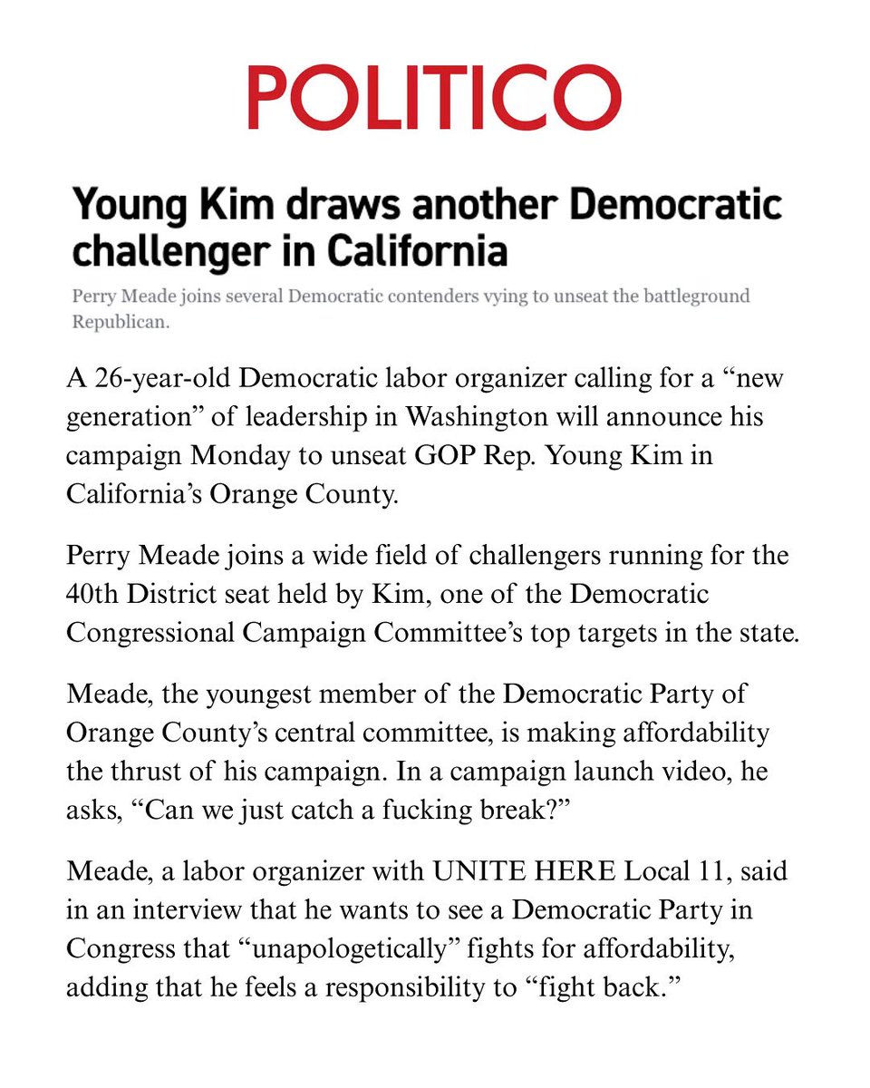 PerryMeade's tweet image. We are going to flip this seat by building a strong coalition of middle and working class people, and by running on a vision for an Affordable Future for All!
politico.com/news/2025/07/2…