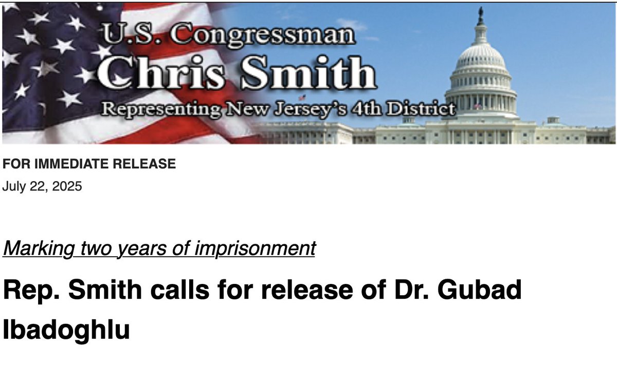 ralakbar's tweet image. NEW!! Rep. Chris Smith calls for release of Dr. Gubad Ibadoghlu in Azerbaijan
"As we approach the somber 2-year mark since the unjust imprisonment of Dr. Gubad Ibadoghlu by the government of Azerbaijan, Rep. Chris Smith (R-NJ), a leading American human rights lawmaker,…
