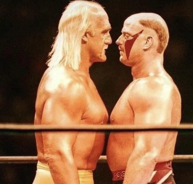 IANdrewDiceClay's tweet image. You completely forgot just how big Hulk Hogan is sometimes. A freak of a human being, who goes chin to chin with Hawk, but is somehow still about 4 inches bigger than him. That head is mental.