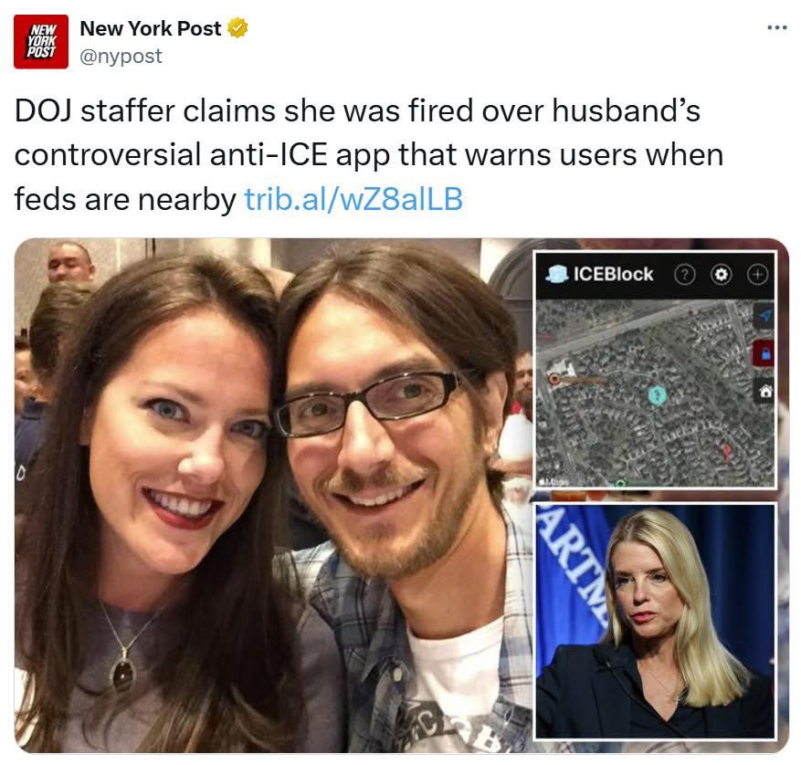 EricTrumpRAW's tweet image. She's a minority shareholder in the company that makes the ICEBlock app. Does she think she's entitled to a federal job when she's an owner of an application who's specific purpose is to harm federal agents? The sense of entitlement is amazing.
