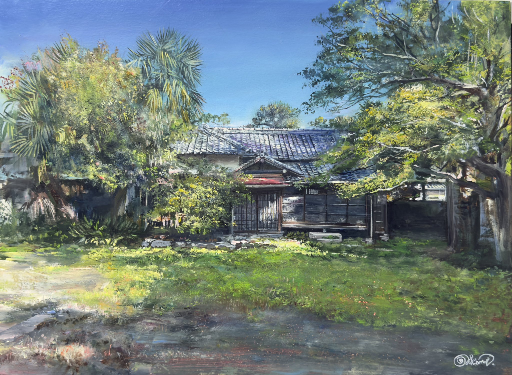 沖山王一　遠野曲屋　田舎の風景 油彩画 絵画（田舎の風景）