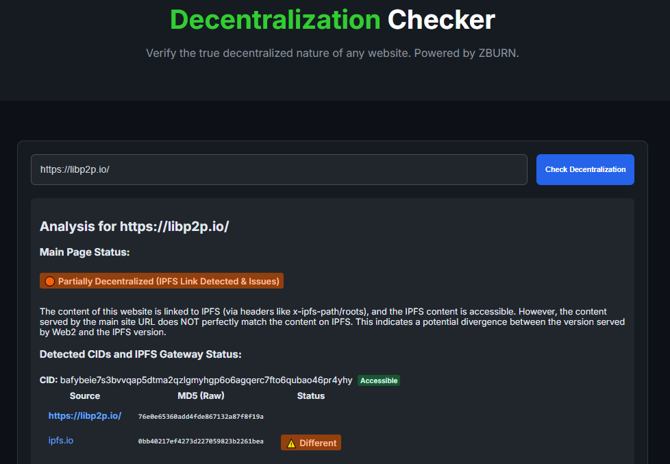 ZBURN_X's tweet image. Hey @libp2p! Using our decentralized verification tool, we noticed an integrity difference (MD5 mismatch) between the content of your official site libp2p.io and its version served via IPFS gateways, despite the presence of IPFS headers. Is there a specific reason…