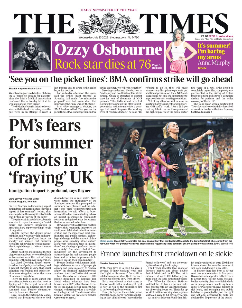 jacksurfleet's tweet image. Wednesday's TIMES: PM's fears for summer of riots in 'fraying' UK
#TomorrowsPapersToday