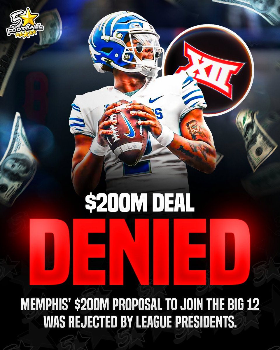 5StarFBRecruits's tweet image. 🚨 NEWS – Memphis’ $200M bid to join the Big 12 has been officially denied by league presidents 🏈💰
Despite a bold financial offer, the Tigers will remain on the outside looking in — as the Big 12 holds firm on its current direction and expansion priorities 🚫📉
The rejection…