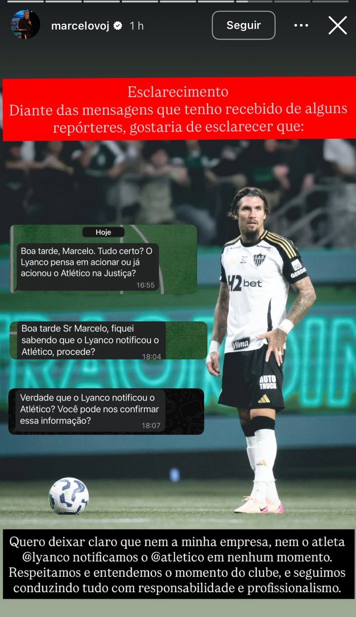 Marcelo, pai do zagueiro Lyanco, nega que tenha notificado o Galo na Justiça:

“Quero deixar claro que nem a minha empresa, nem o atleta Lyanco notificamos o Atlético em nenhum momento. Respeitamos e entendemos o momento do clube e seguimos conduzindo tudo com responsabilidade e