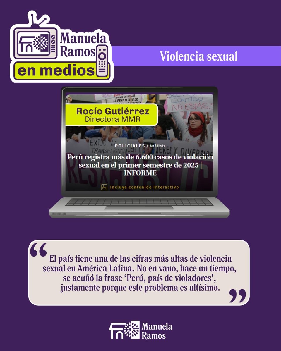 ManuelaRamos's tweet image. #ManuelasEnLosMedios | El aumento de la violencia de género, especialmente la violencia sexual, en el Perú es una problemática que causa preocupación y que debe ser atendida con urgencia 🚨 por nuestras autoridades. Nuestra directora, Rocío Gutiérrez, conversó con El Comercio 🗞️…