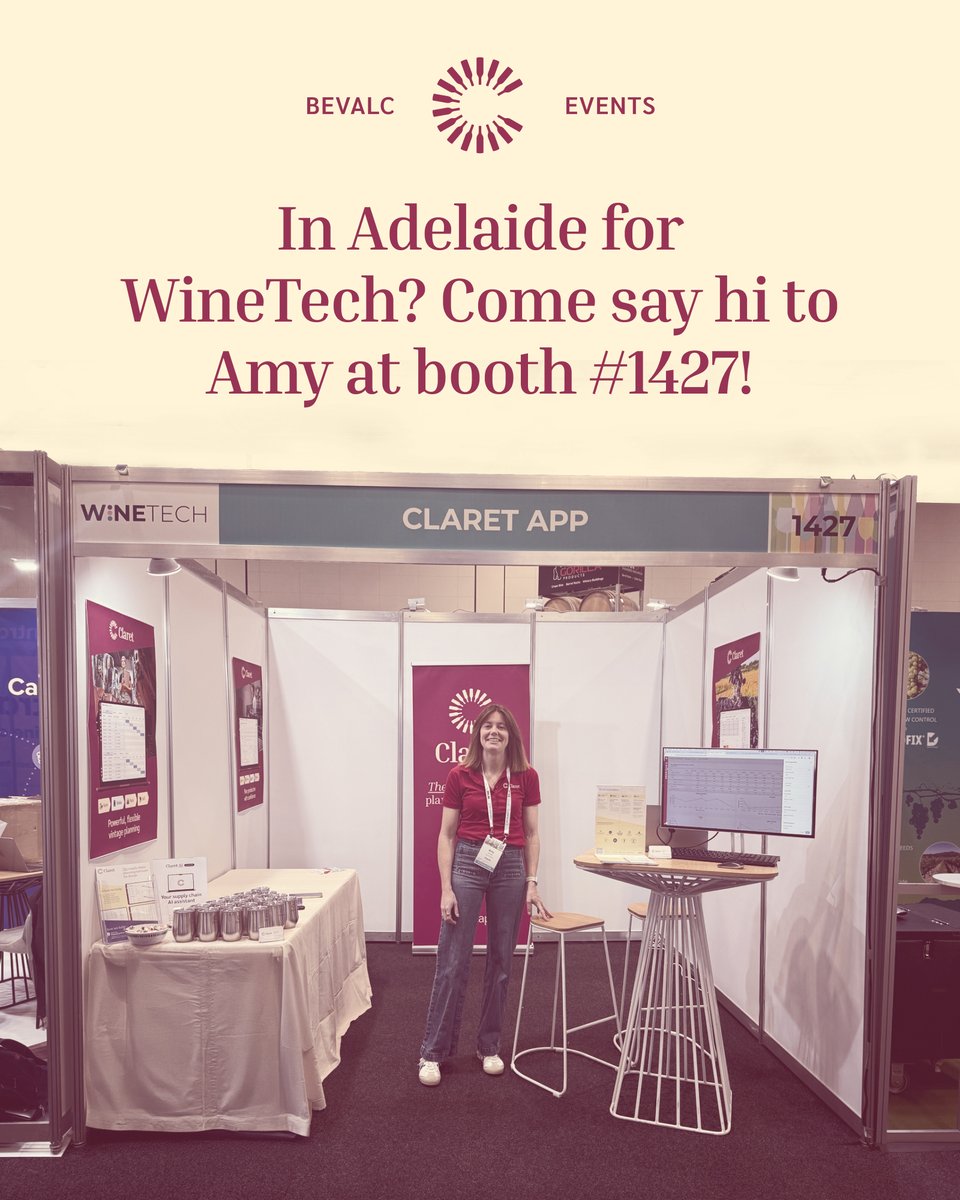 ClaretPlan's tweet image. As Day 3 of #WineTech2025 gets started in Adelaide, shoutout to Amy Curran from the Claret team for holding down the fort at booth #1427 all week.

If you&apos;re attending, swing by, say hi — and maybe bring her a well-earned glass of wine. 🍷

#BevAlc #WineIndustry