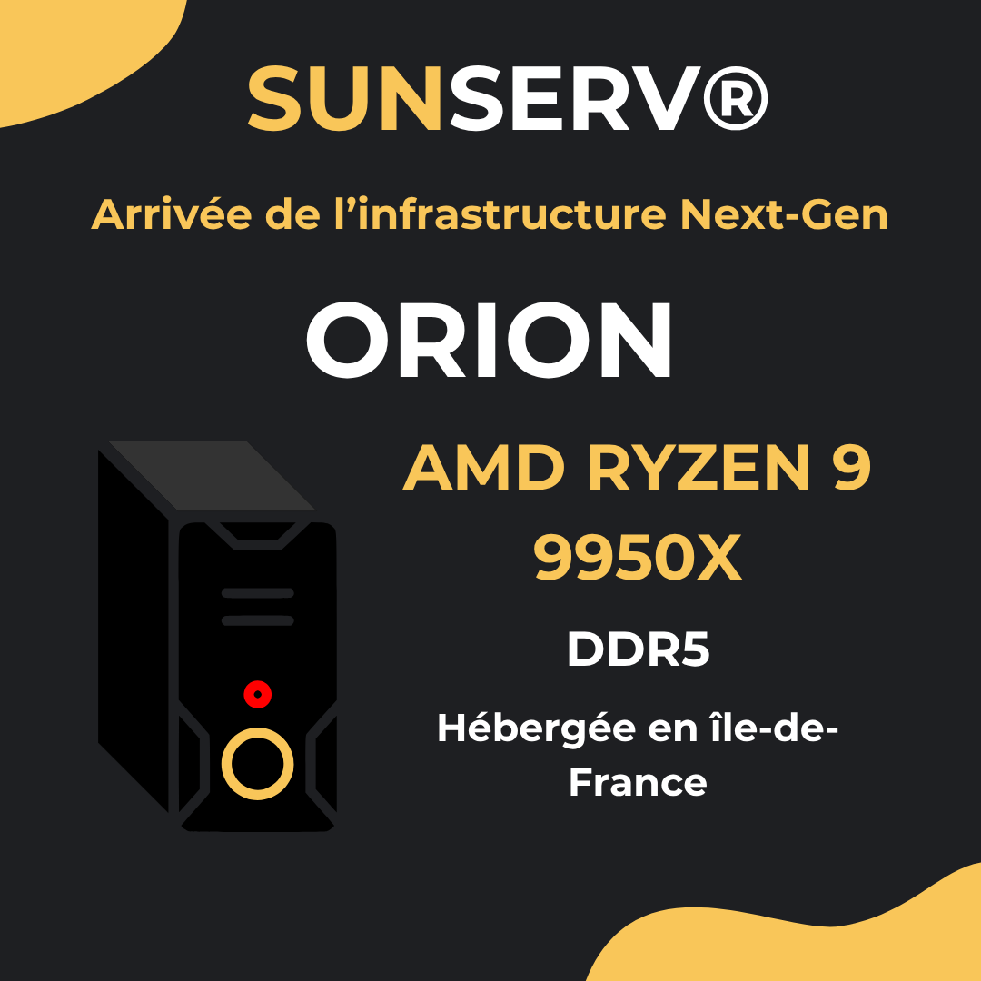 sunservxyz's tweet photo. 🚀 Orion est là !
Nouvelle génération de serveurs AMD Ryzen™ 9 9950X, DDR5 ultra-rapide, stockage NVMe, et un réseau 100 % français propulsé par OVH &amp; CCShield by CumulusCloud
Profite d’un ping ultra bas inférieur à 20 ms, de performances jusqu’à +320 %, le tout au même prix. https://t.co/QhLDLQypAQ