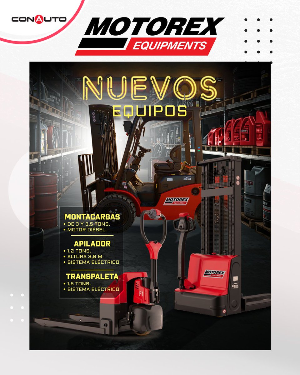 🚨 ¡Llegaron los nuevos equipos #Motorex!
🔹 Montacargas
🔹 Apiladores eléctricos
🔹 Transpaletas eléctricas

Más potencia, menos esfuerzo.
🚀 Eficiencia y tecnología para tu operación logística.
📩 Escríbenos y conoce más.

#EquiposIndustriales #Montacargas #Transpaleta #Conauto