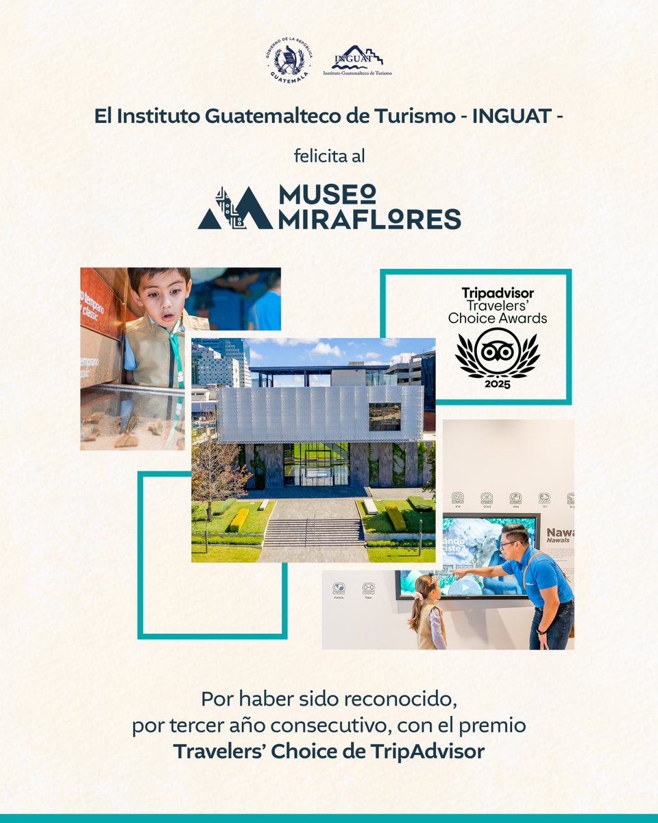 Instituto Guatemalteco de Turismo -INGUAT- (@inguatprensa) on Twitter photo ¡Felicitamos al <a href="/MuseoMiraflores/">Museo Miraflores</a>! 🎖✨Por ser reconocido por tercer año consecutivo con el Traveler’s Choice Award de TripAdvisor.
🏅Una distinción que se otorga al 10% de los destinos mejor valorados a nivel mundial en esta plataforma. 🌎
#TurismoSomosTodos ¡Felicitamos al <a href="/MuseoMiraflores/">Museo Miraflores</a>! 🎖✨Por ser reconocido por tercer año consecutivo con el Traveler’s Choice Award de TripAdvisor.
🏅Una distinción que se otorga al 10% de los destinos mejor valorados a nivel mundial en esta plataforma. 🌎
#TurismoSomosTodos