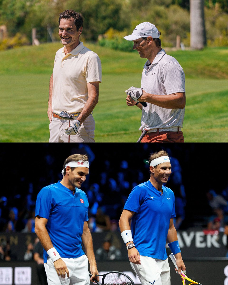 LaverCup's tweet image. Rivals -> Teammates -> Golf Partners
Good times on the greens with Roger and Rafa ⛳️
#LaverCup