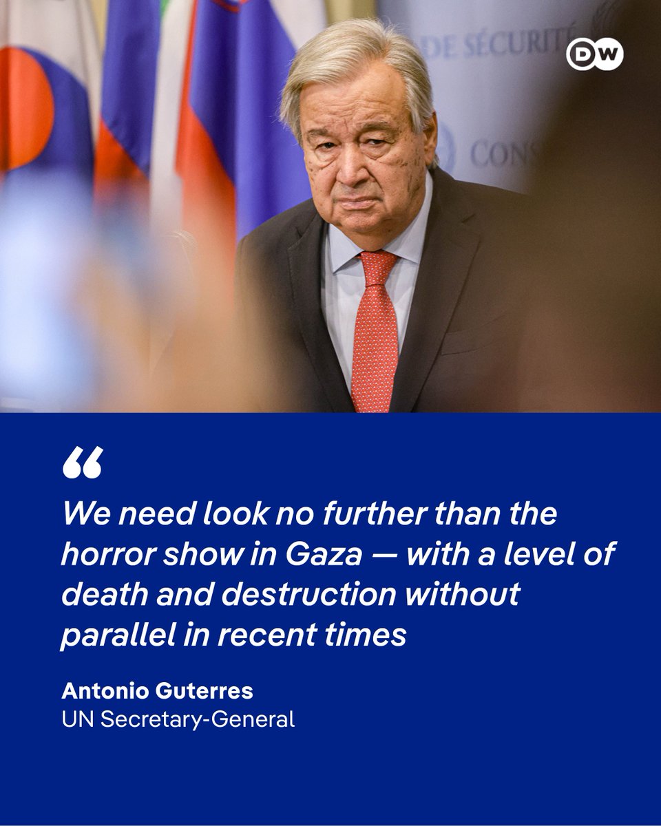 dwnews's tweet image. In a speech, UN Secretary-General Antonio Guterres has said the "horror" facing Palestinians in Gaza under Israeli military attack is unprecedented in recent years.
p.dw.com/p/4xre4